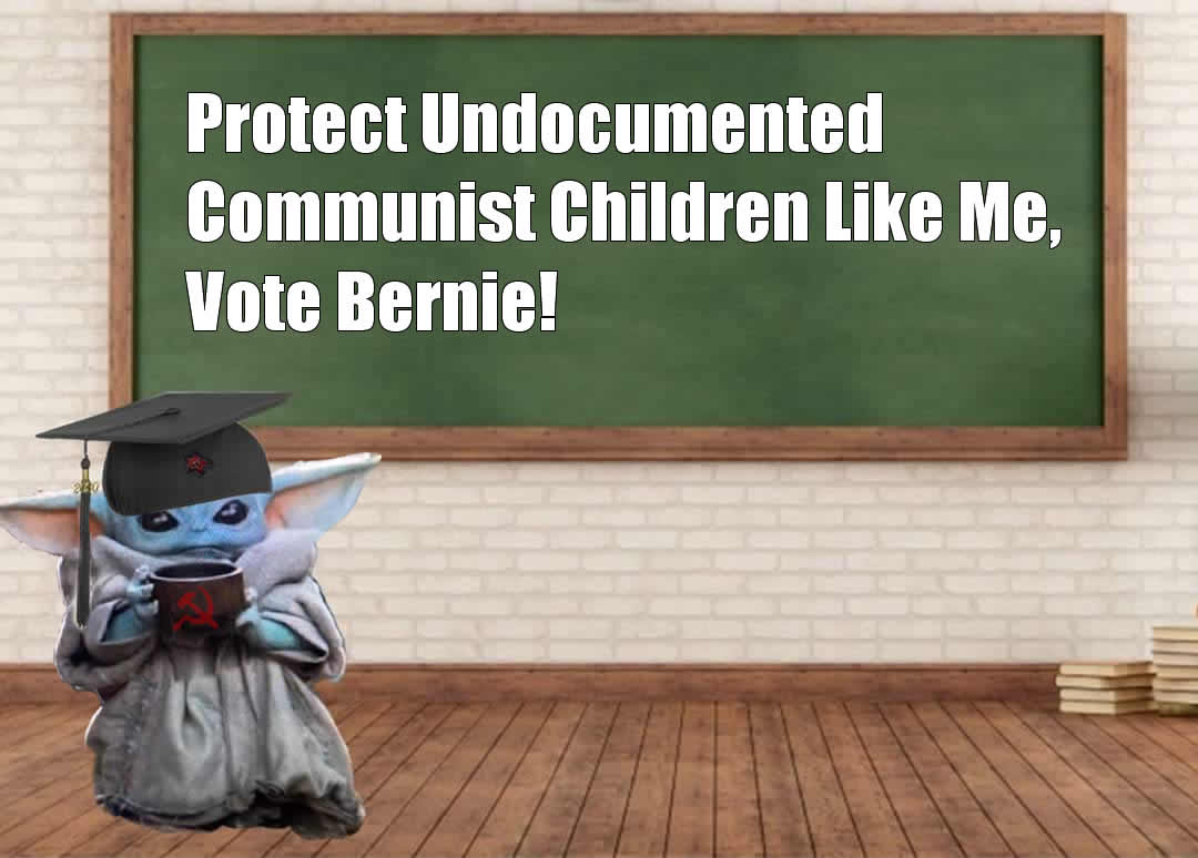 This meme features a picture of Baby Yoda (also known as "The Child") from the Star Wars series, dressed in a miniature version of a Bernie Sanders outfit, including a red hat and scarf. The text "I'm with Bernie" is written on the chalkboard behind him.